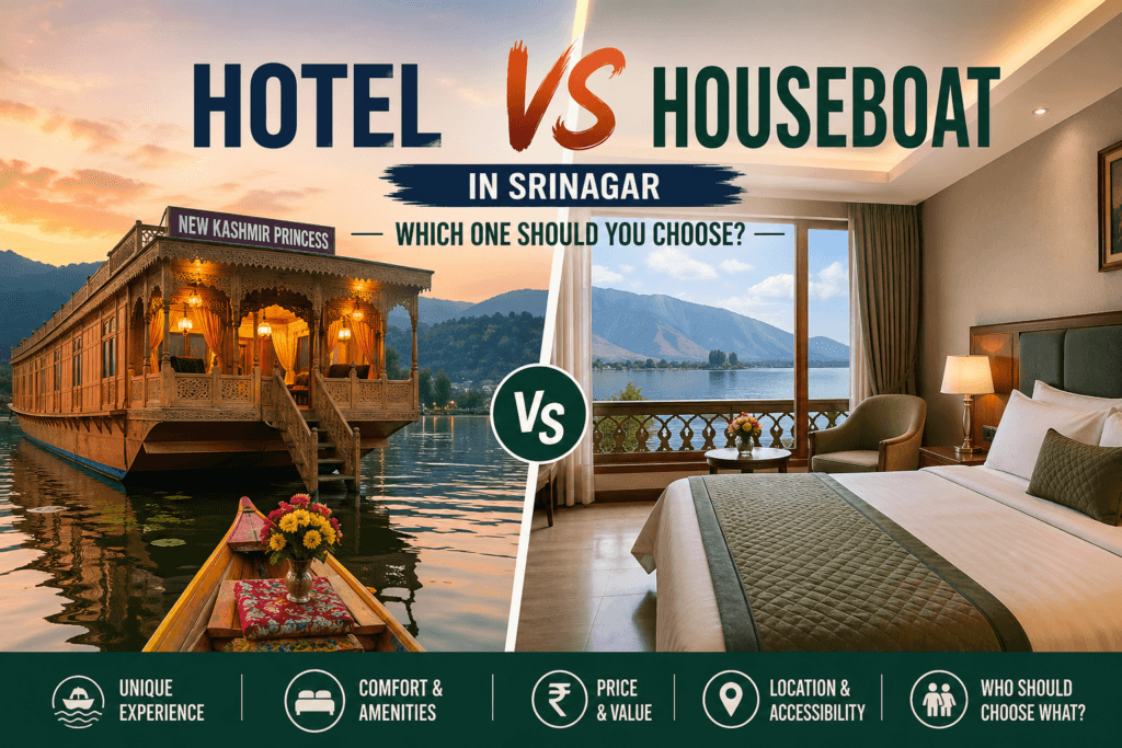 Hotel vs Houseboat in Srinagar comparison banner showing a traditional Dal Lake houseboat at sunset on one side and a modern lake-view hotel room on the other, highlighting travel experience, comfort, price, and location differences.