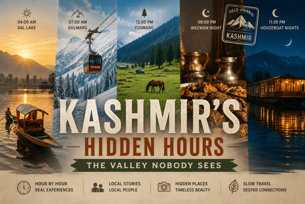 Kashmir hidden hours collage featuring Dal Lake sunrise, Gulmarg snow, Yusmarg meadows, Wazwan dinner, and Srinagar houseboats